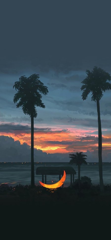 海边椰树剪影夕阳余晖橙粉渐变风景手机壁纸