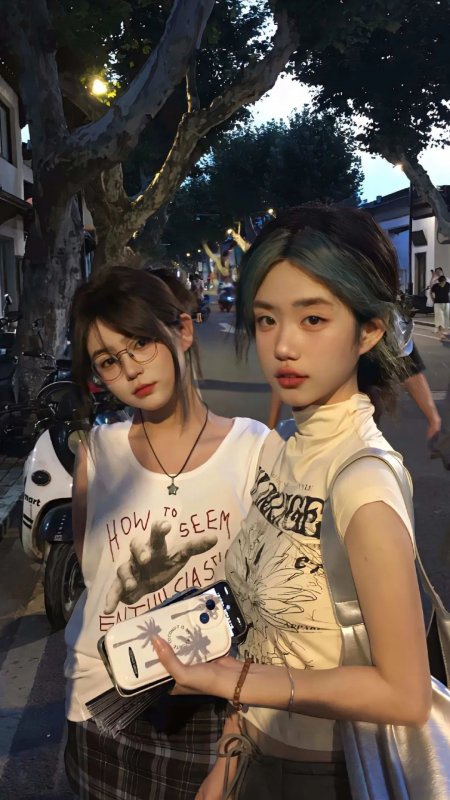 两位年轻美女街头自拍暖调人物摄影手机壁纸