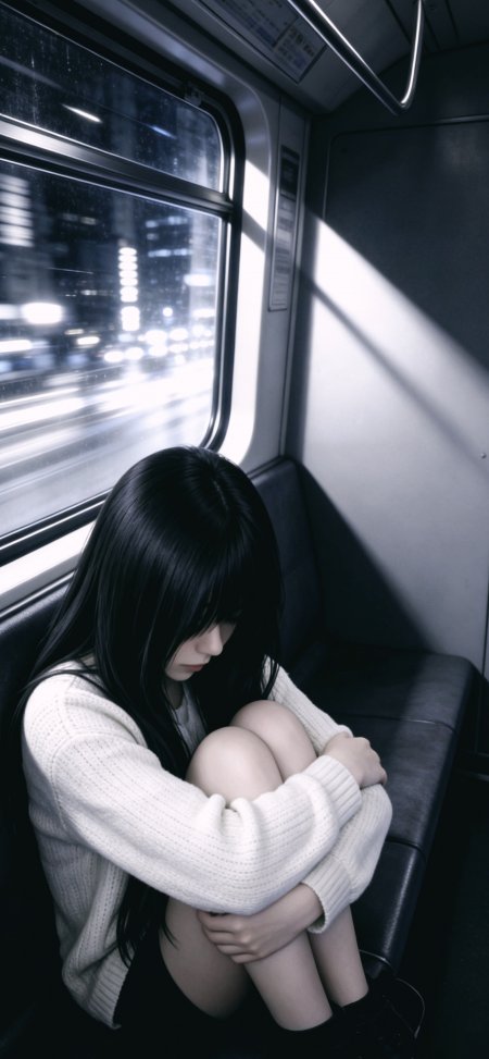 黑发美女地铁车厢抱膝沉思冷调人物摄影手机壁纸