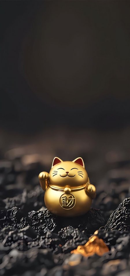 金色招财猫举手微笑黑岩背景暗金静物特写手机壁纸
