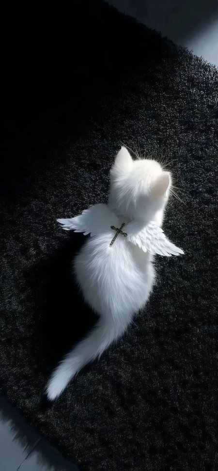 白色猫猫背生羽翼佩戴十字架可爱萌宠手机壁纸