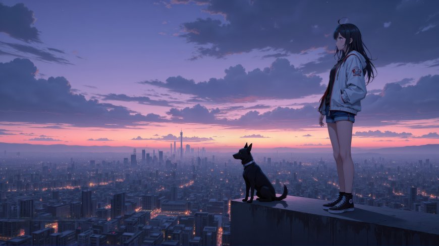 动漫少女与黑犬眺望城市黄昏紫粉插画电脑壁纸