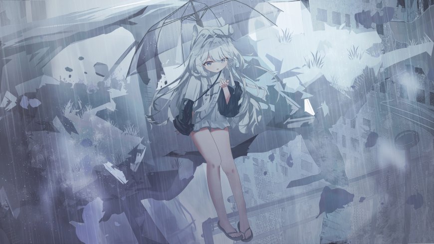银发少女雨中撑伞废墟背景蓝灰动漫电脑壁纸