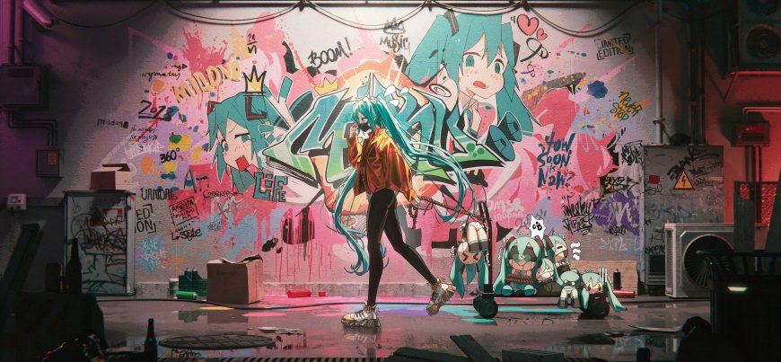 初音未来街头涂鸦墙前持链站立蓝绿双马尾少女动漫电脑壁纸