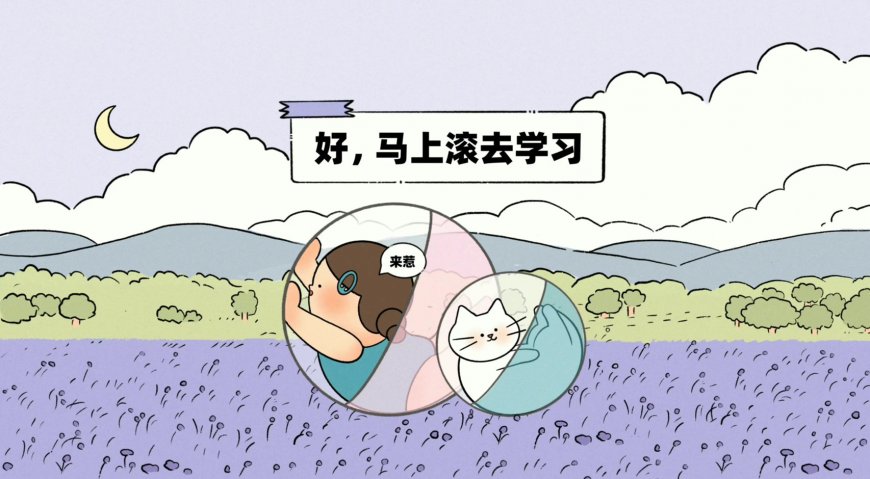 动漫少女与白猫滚筒学习插画淡紫绿意动漫电脑壁纸