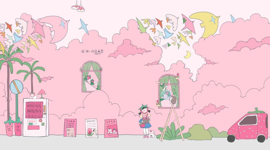 粉色云朵梦幻街景少女持篮猫咪相伴粉紫插画创意电脑壁纸