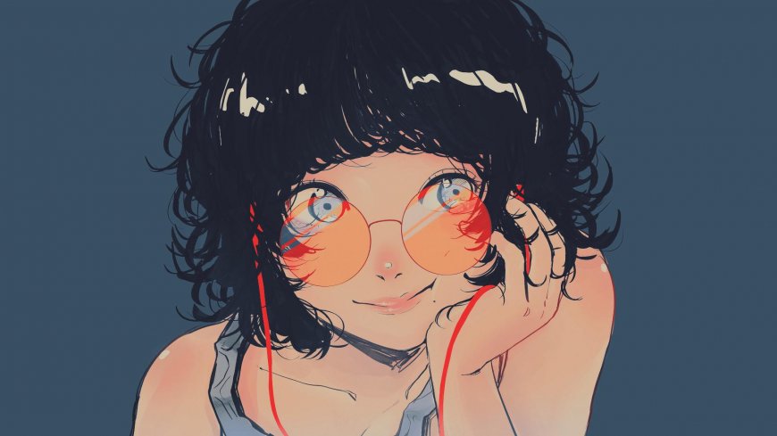 黑卷发橙镜少女微笑托腮蓝灰动漫电脑壁纸