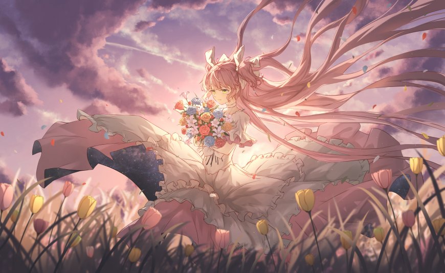 魔法少女小圆鹿目圆持花裙摆飞扬粉紫梦幻动漫电脑壁纸