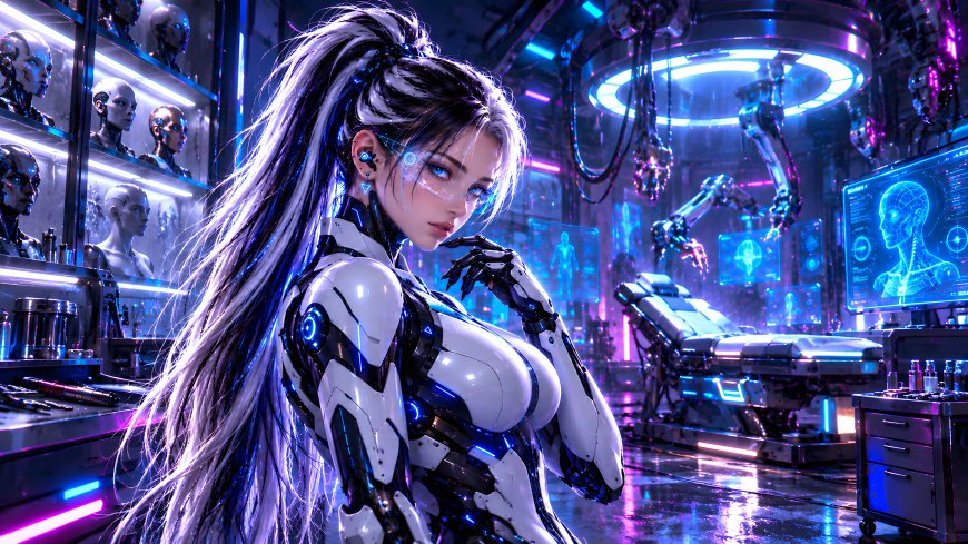 赛博朋克风格银发机械少女蓝紫霓虹科幻插画电脑壁纸