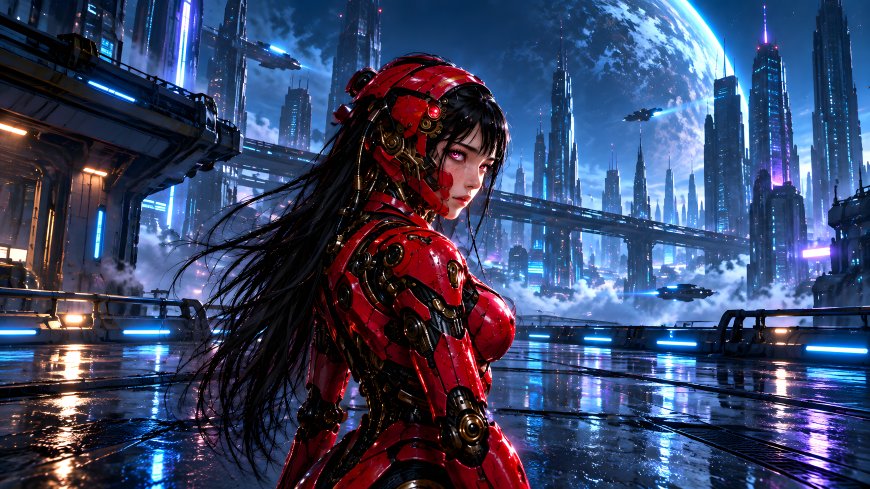 赛博朋克红甲少女长发飘逸蓝紫霓虹科幻插画电脑壁纸