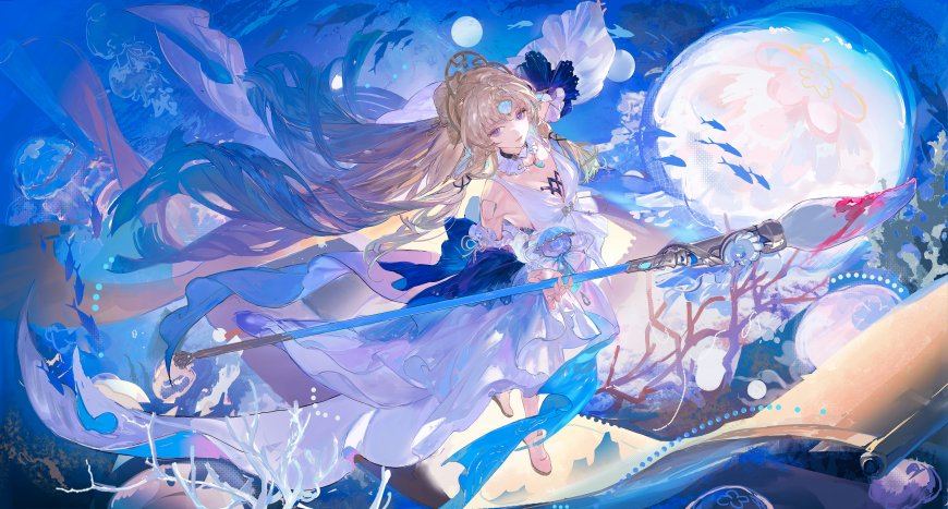 深海少女持杖浮游蓝紫梦幻动漫电脑壁纸