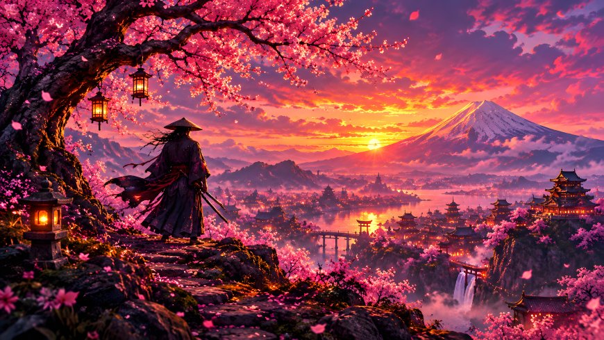 樱花树下侠客远眺雪山山粉紫唯美古风插画电脑壁纸