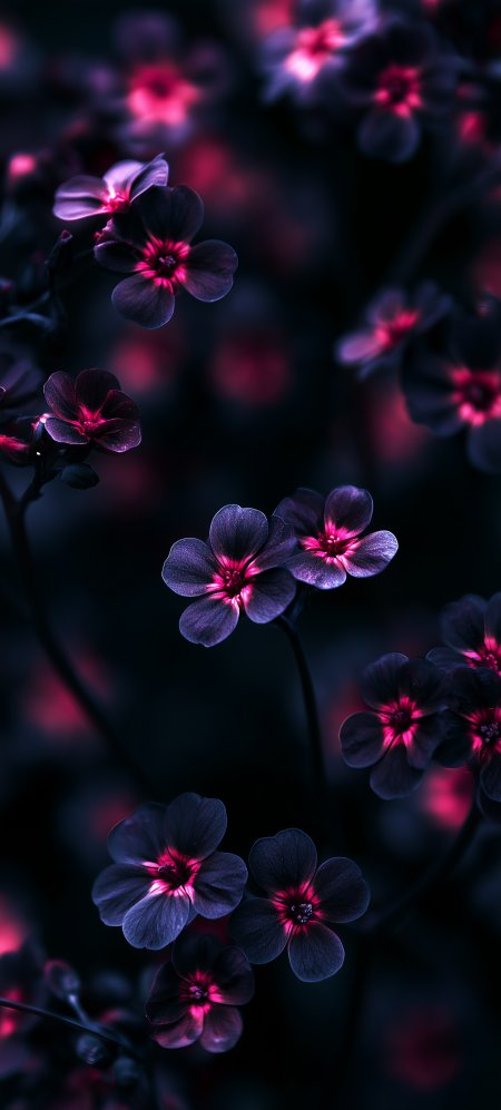 暗夜霓虹紫红花瓣绽放神秘花卉植物手机壁纸