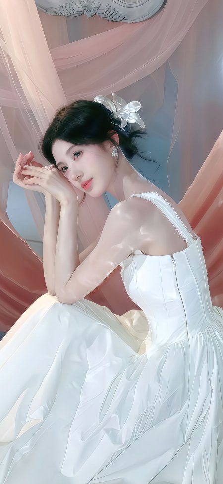 白裙美女手托脸颊粉纱背景柔光唯美人物摄影手机壁纸
