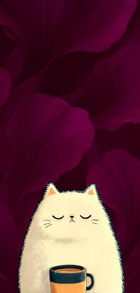 白色猫猫闭眼捧杯暖黄紫调插画手机壁纸