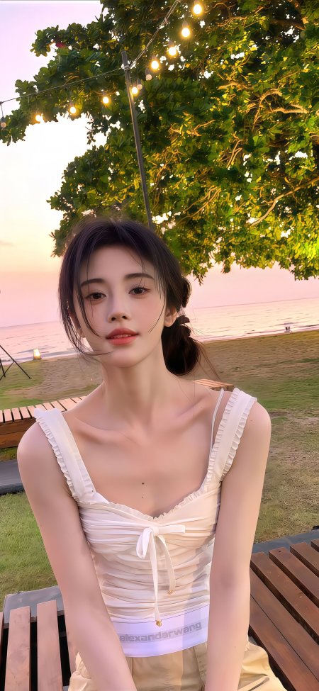 海边夕阳下白裙美女坐长椅暖粉人物摄影手机壁纸