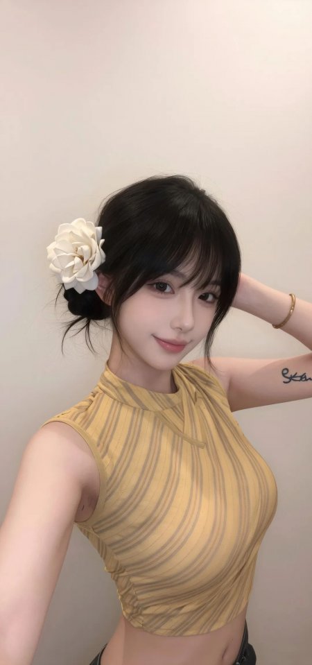 黑发美女白花发饰黄条纹上衣暖调人物摄影手机壁纸