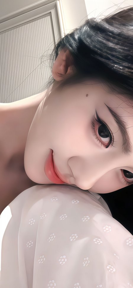 黑发美女侧颜微笑粉白柔光人物摄影手机壁纸