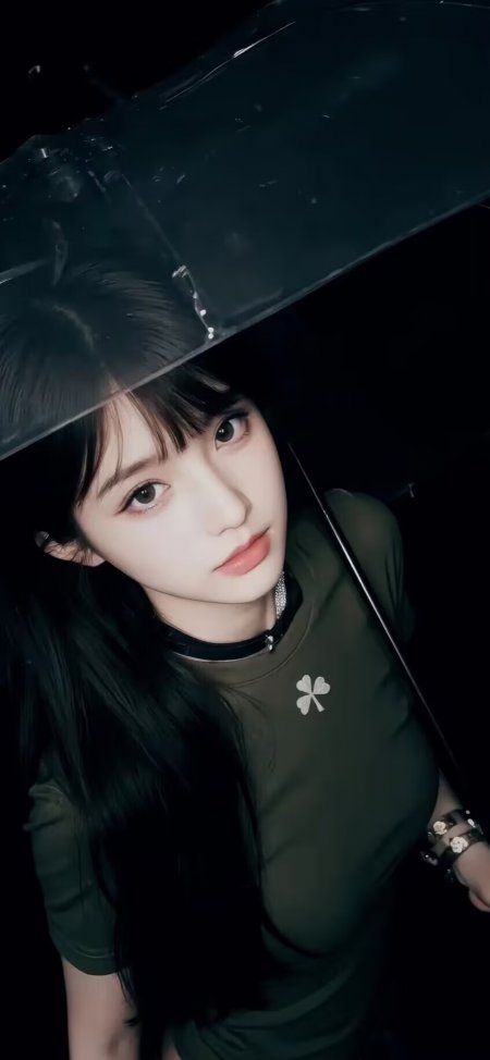 黑发齐刘海美女撑透明雨伞暗绿冷调人物摄影手机壁纸