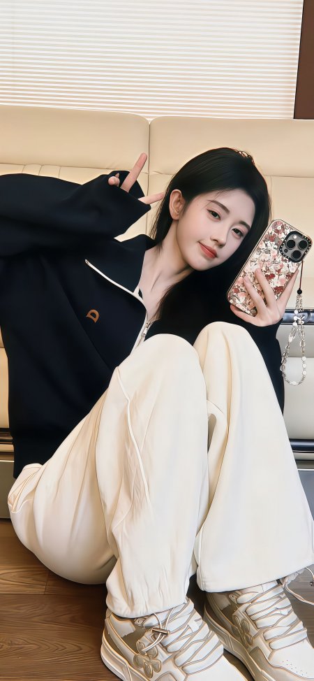 黑衣白裤清纯美女比耶自拍暖调人物摄影手机壁纸