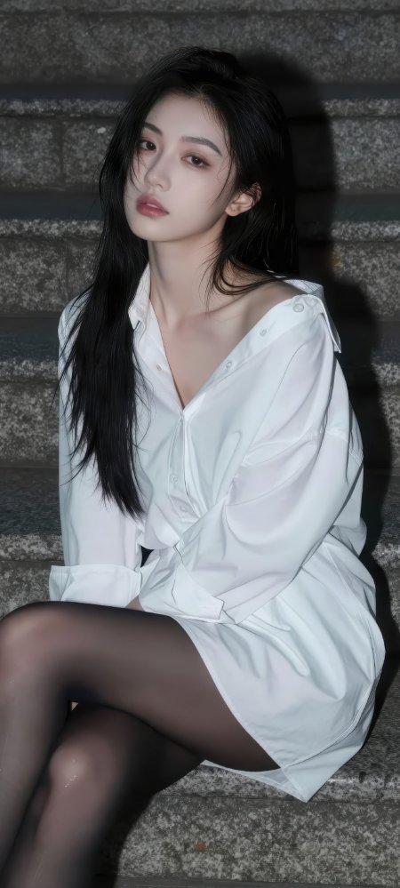 黑长直白衬衫性感丝袜美女坐阶石灰调人物摄影手机壁纸