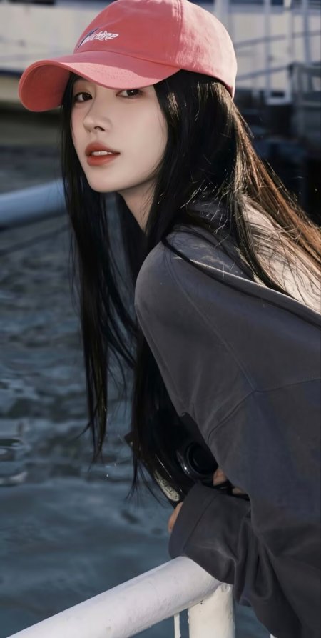 黑长直戴粉帽美女倚栏蓝灰调人物摄影手机壁纸