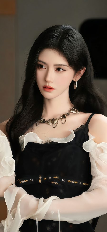 黑长直美女黑裙白纱袖金色心形项链暖调人物摄影手机壁纸