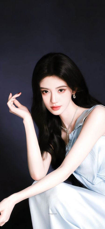 黑长直美女浅蓝礼服红唇淡雅人物摄影手机壁纸