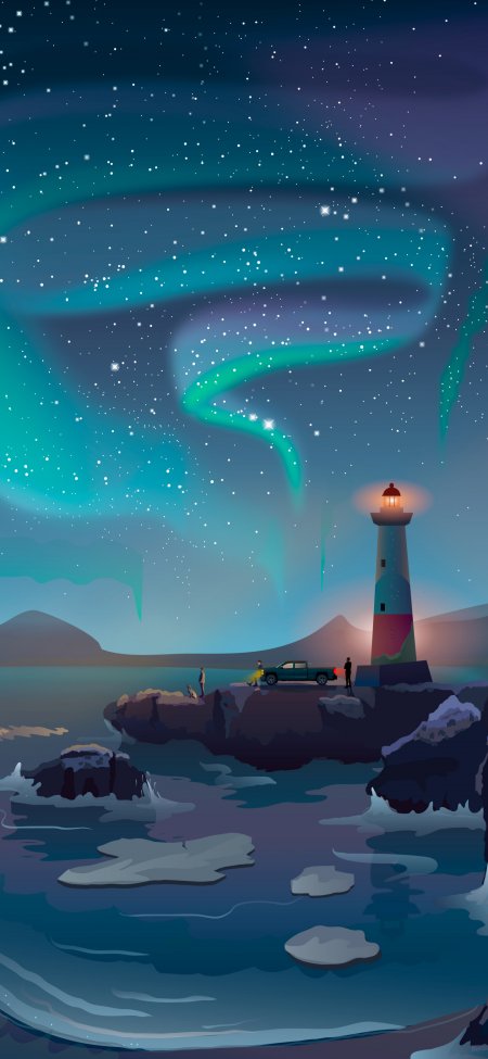 极光漩涡星空下灯塔与皮卡海岸夜景蓝绿紫梦幻插画手机壁纸