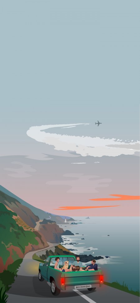 绿色皮卡海边公路旅行三人一狗夕阳橙粉插画动漫手机壁纸