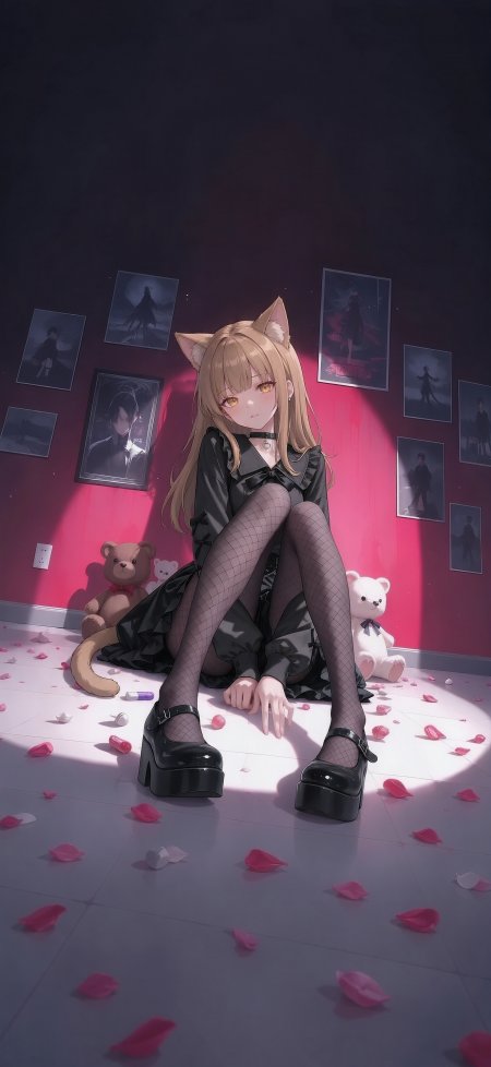 猫耳金发少女黑裙网格袜粉墙花瓣动漫手机壁纸