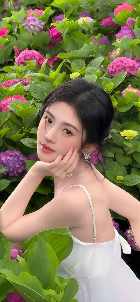 美女白裙手托脸颊粉紫花卉绿叶背景柔光人物摄影手机壁纸