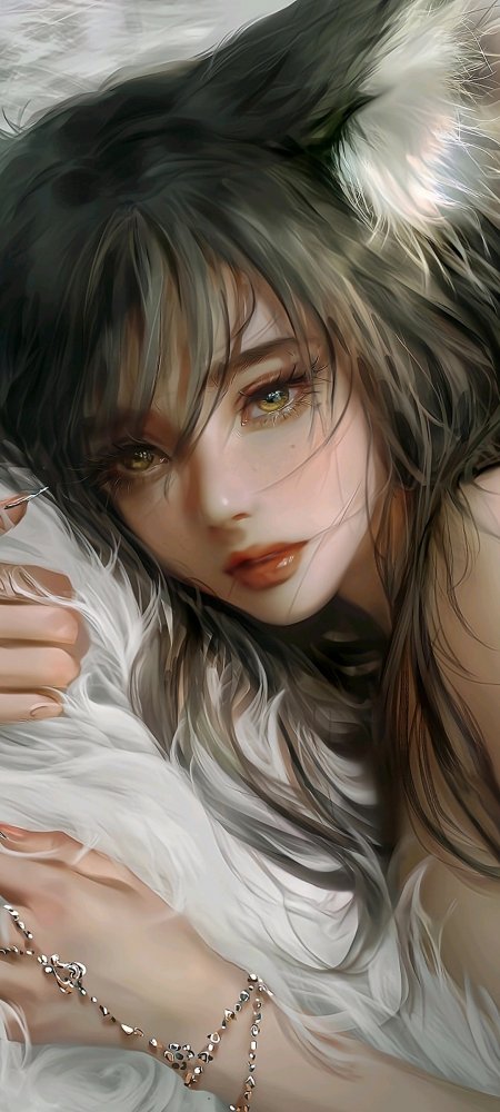 银灰长发猫耳少女琥珀眼眸白羽环绕柔光原创动漫手机壁纸
