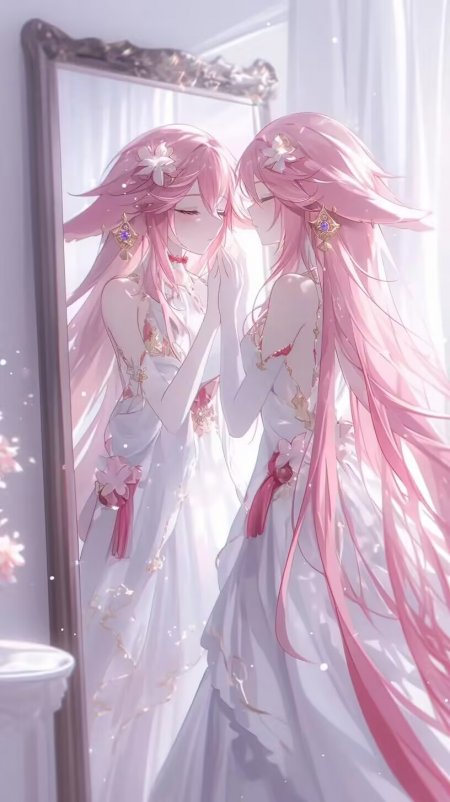 原神八重神子粉发白衣镜前凝望粉紫唯美动漫手机壁纸