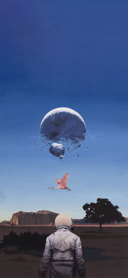 宇航员仰望碎裂月球与粉红飞鸟蓝调太空科幻手机壁纸