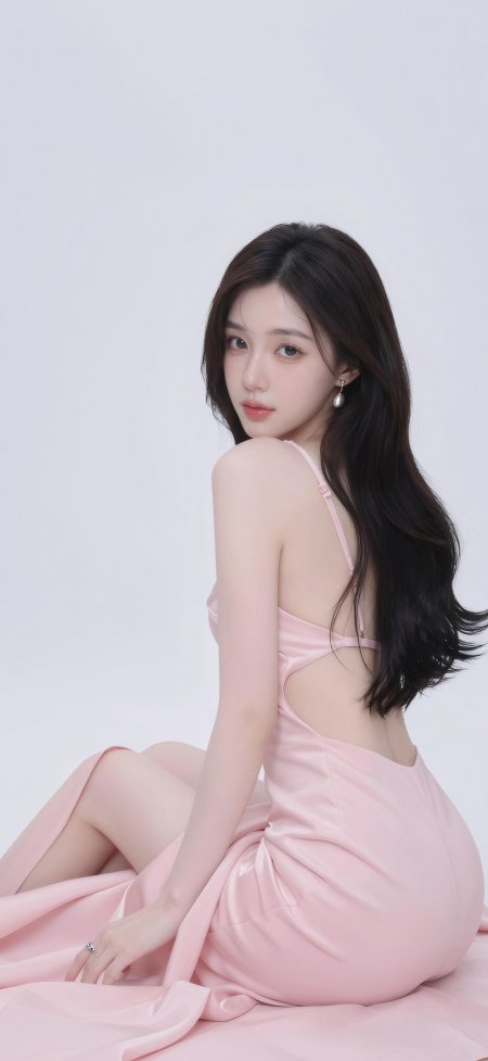 长发黑发粉裙美女回眸浅笑柔粉人物摄影手机壁纸