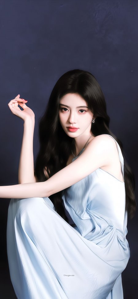 长发黑发红唇美女浅蓝吊带裙深蓝背景人物摄影手机壁纸