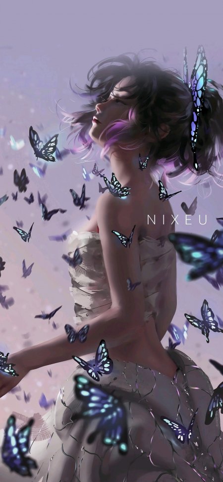 紫发少女仰望蝶舞环绕梦幻粉紫动漫手机壁纸