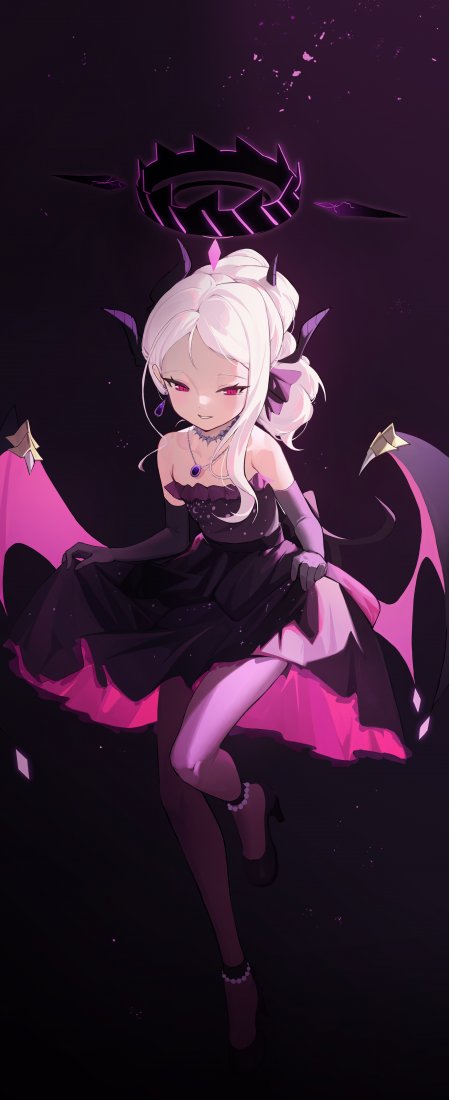 暗黑系白发恶魔少女紫瞳黑裙粉翼紫光动漫手机壁纸