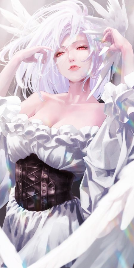 白发红瞳少女羽翼环绕梦幻粉紫动漫手机壁纸