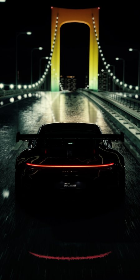 保时捷GT3RS黑红尾灯雨夜桥上疾驰汽车手机壁纸
