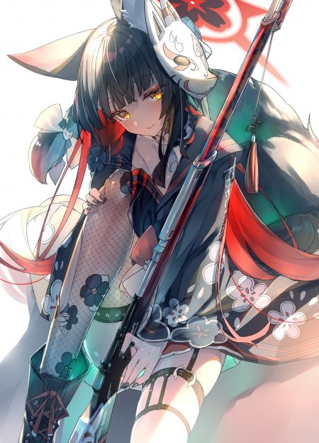 碧蓝档案狐耳少女持枪侧身红绿配色动漫手机壁纸