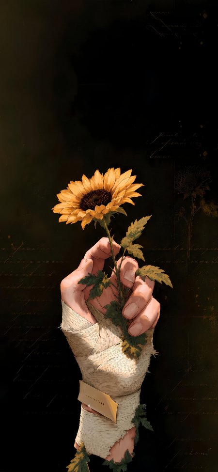 缠绷带的手紧握向日葵暗金手绘绘画手机壁纸
