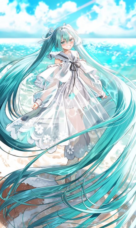 初音未来海边白裙少女蓝绿长发动漫手机壁纸