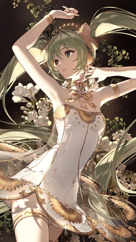 初音未来白金礼服舞姿优雅粉金动漫手机壁纸