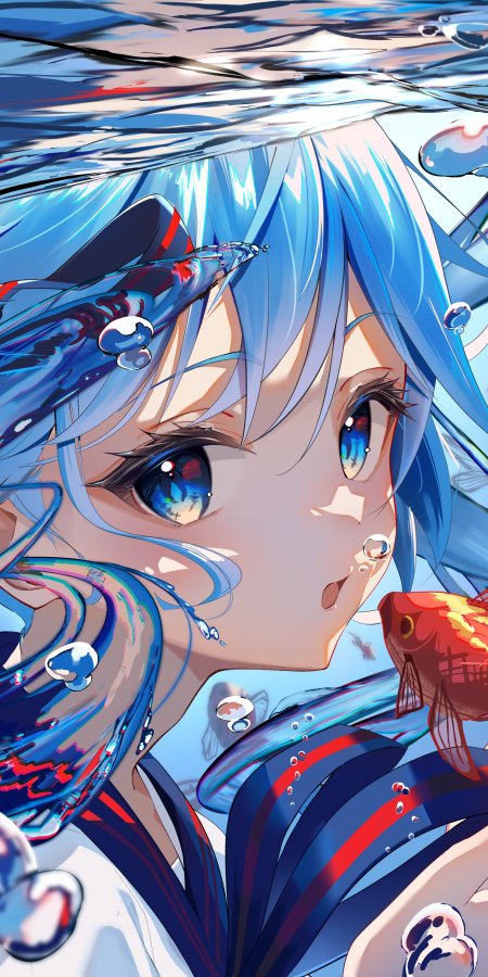初音未来水下蓝发少女晶莹气泡蓝白动漫手机壁纸