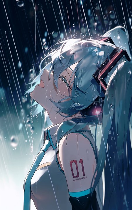 初音未来雨中仰望蓝白清新动漫手机壁纸