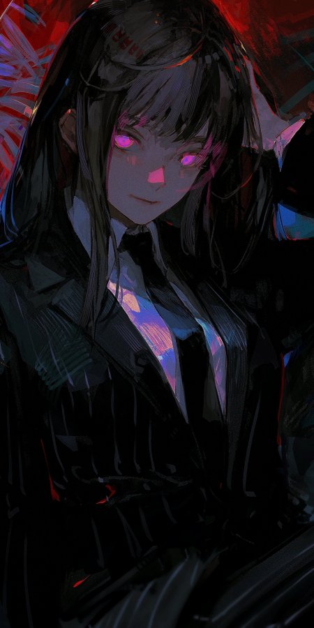 电锯人少女黑发紫瞳西装暗红霓虹光影唯美插画手机壁纸