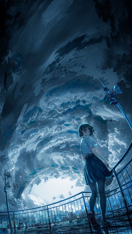 动漫少女仰望漩涡云海蓝白梦幻插画手机壁纸