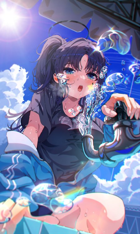 动漫少女扎马尾蓝眸湿发水花飞溅蓝白梦幻动漫手机壁纸
